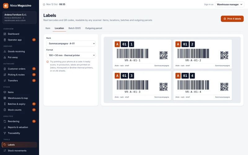 Preview of location labels with barcode and QR code.