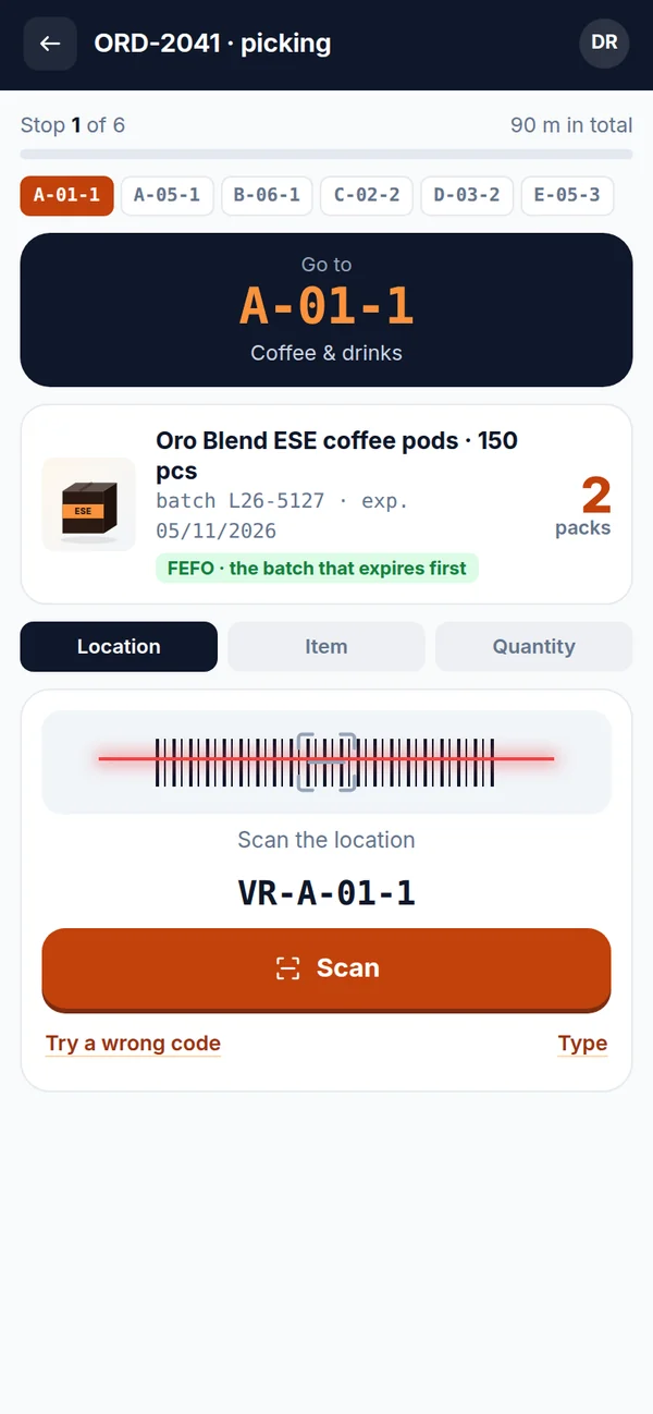 Handheld app: guided picking, current stop with location, item, FEFO batch and quantity to pick.