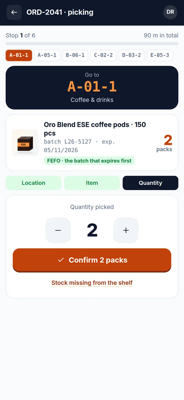 Handheld: confirming the quantity picked.