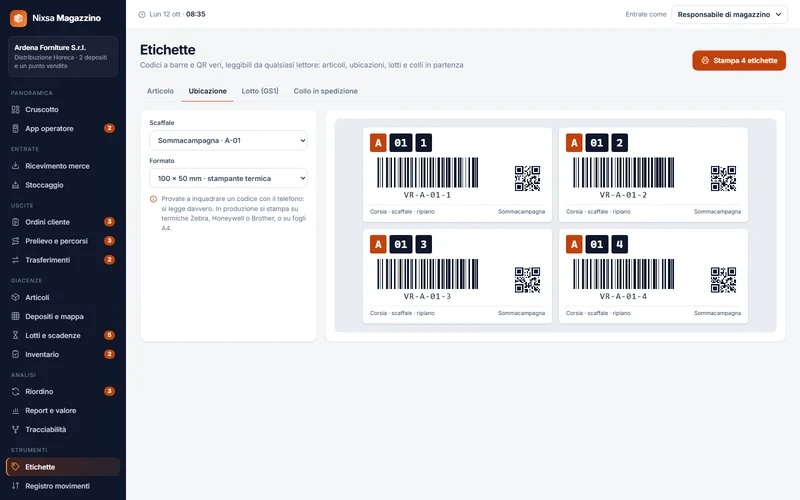 Anteprima delle etichette di ubicazione con codice a barre e QR.
