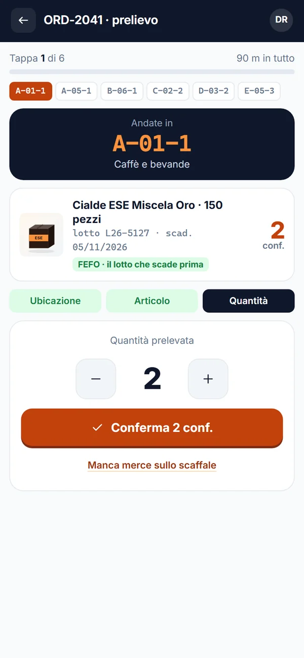 Palmare: conferma della quantità prelevata.