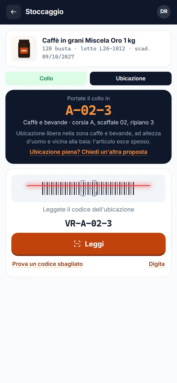 Palmare: stoccaggio con l'ubicazione proposta.